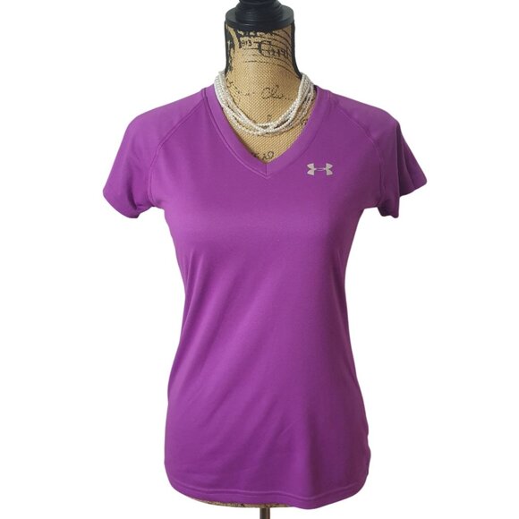 Under Armour Womens V-Neck T-Shirt XS Purple HeatGear Semi-Fitted Run Athletic - Picture 1 of 6